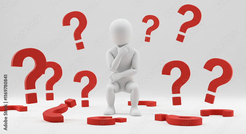 3D Render Person Surrounded by Red Question Marks Decision Making Problem Solving Uncertainty 3D Render Person Surrounded by Red Question Marks Decision Making Problem Solving Uncertainty