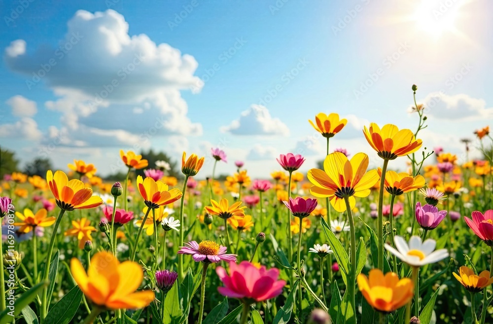 Colorful wildflower field under a bright blue sky during sunny daylight hours Colorful wildflower field under a bright blue sky during sunny daylight hours