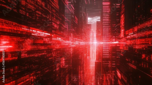 An image showcasing red data rotation movement in a cityscape, illustrating futuristic technology and internet connectivity. photo