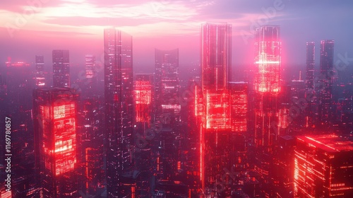 An image showcasing red data rotation movement in a cityscape, illustrating futuristic technology and internet connectivity. photo