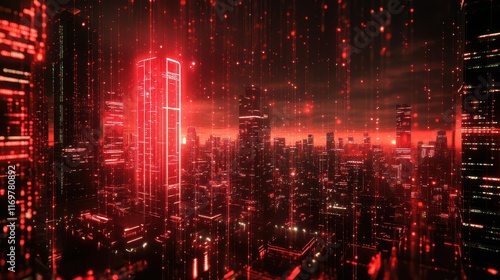 An image showcasing red data rotation movement in a cityscape, illustrating futuristic technology and internet connectivity. photo