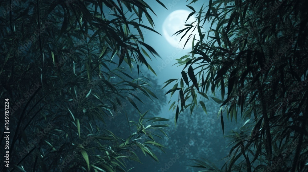 Fototapeta premium A serene night scene featuring bamboo under a bright moon.