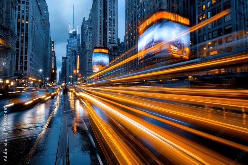 Fototapeta premium Vibrant city lights with motion blur of traffic on wet street amidst tall buildings, vibrant cityscape concept