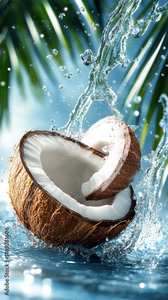Refreshing Splash of Coconut in Water with Tropical Leaves Background and Bubbly Water Droplets Effect, freshness concept Refreshing Splash of Coconut in Water with Tropical Leaves Background and Bubbly Water Droplets Effect, freshness concept
