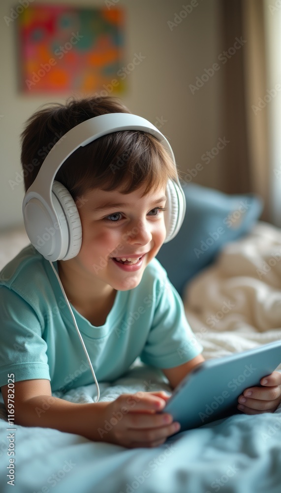 A cheerful young boy with short brown hair is lying on a cozy bed, immersed in his tablet while wearing large white headphones. His bright smile radiates happiness, capturing the joy of music and A cheerful young boy with short brown hair is lying on a cozy bed, immersed in his tablet while wearing large white headphones. His bright smile radiates happiness, capturing the joy of music and