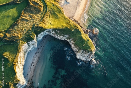 Dorset, United Kingdom. The iconic Dunnington arch at the coastline of cozy beach in landscape with blue sky and green grass on cliff top. Aerial view from above of beautiful nature scenery with rock photo