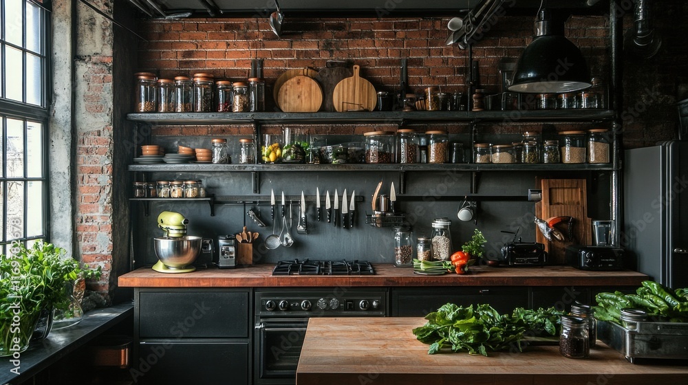A rustic kitchen with wooden shelves, jars, and fresh vegetables, designed for cooking. A rustic kitchen with wooden shelves, jars, and fresh vegetables, designed for cooking.