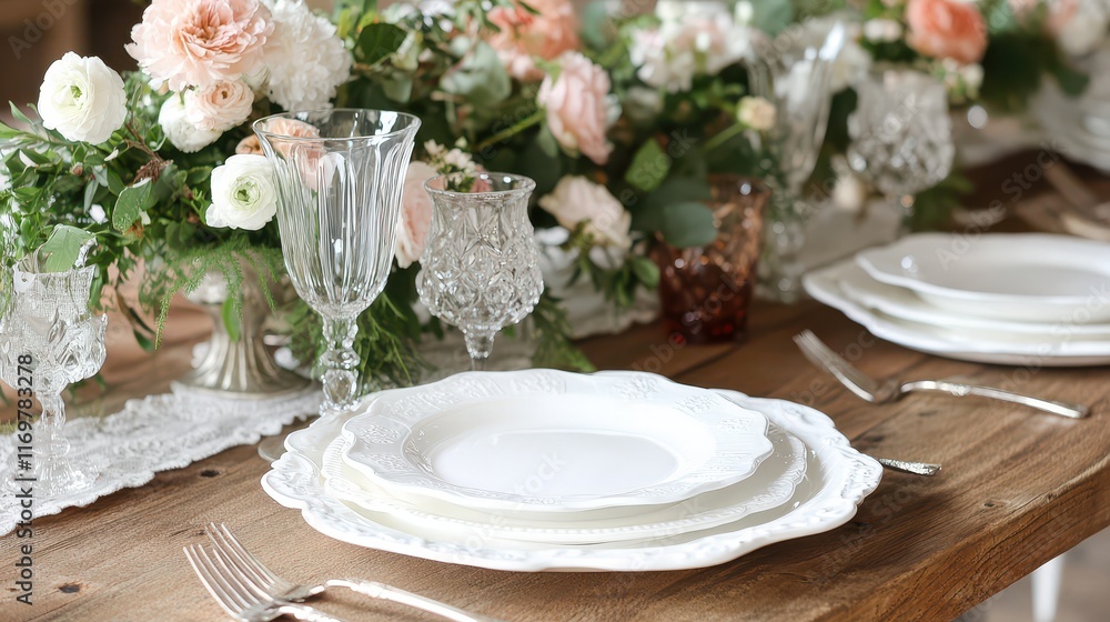 Charming rustic table setting featuring white plates, elegant glassware, and a delicate floral centerpiece, perfect for a wedding or special event. Charming rustic table setting featuring white plates, elegant glassware, and a delicate floral centerpiece, perfect for a wedding or special event.