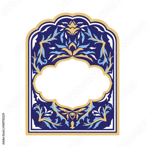 Islamic Arabic arch window border frame with mosaic ornament and copy space for text tittle or greeting. Luxury arabesque banner with elegant golden and blue floral decoration