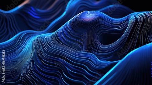 Abstract blue wave pattern, flowing lines, digital art, 3D rendering.