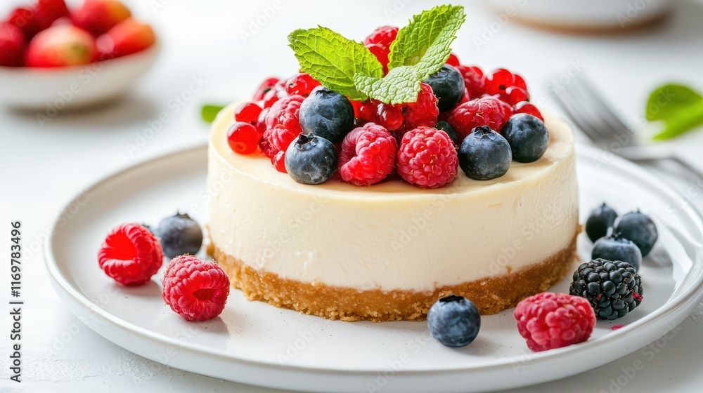 Cheesecake topped with fresh berries and mint leaves on a white plate, presenting a perfect dessert with a balance of sweetness and freshness. Cheesecake topped with fresh berries and mint leaves on a white plate, presenting a perfect dessert with a balance of sweetness and freshness.