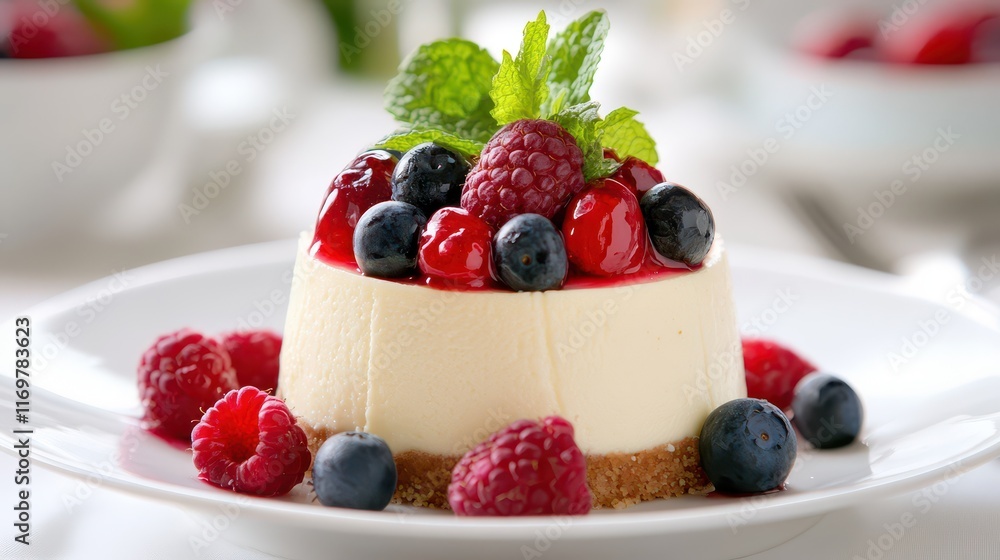 Cheesecake topped with fresh berries and mint leaves on a white plate, presenting a perfect dessert with a balance of sweetness and freshness. Cheesecake topped with fresh berries and mint leaves on a white plate, presenting a perfect dessert with a balance of sweetness and freshness.