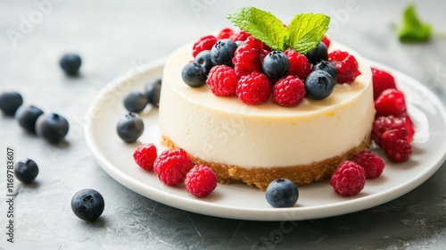 Cheesecake topped with fresh berries and mint leaves on a white plate, presenting a perfect dessert with a balance of sweetness and freshness. photo