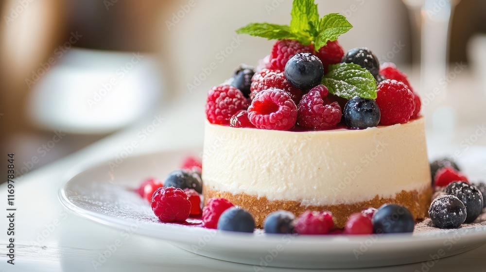 Cheesecake topped with fresh berries and mint leaves on a white plate, presenting a perfect dessert with a balance of sweetness and freshness. Cheesecake topped with fresh berries and mint leaves on a white plate, presenting a perfect dessert with a balance of sweetness and freshness.