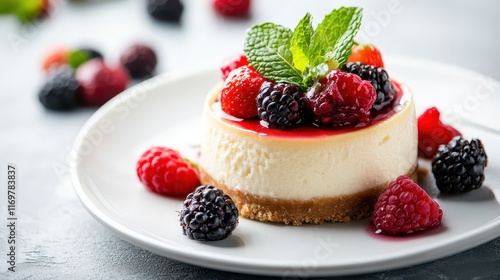 Cheesecake topped with fresh berries and mint leaves on a white plate, presenting a perfect dessert with a balance of sweetness and freshness. photo