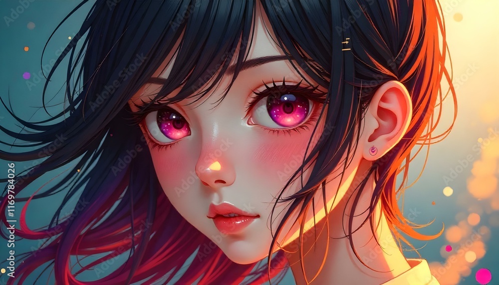 Anime Girl Portrait: Vibrant Pink Eyes, Soft Lighting, Dreamy Style Anime Girl Portrait: Vibrant Pink Eyes, Soft Lighting, Dreamy Style