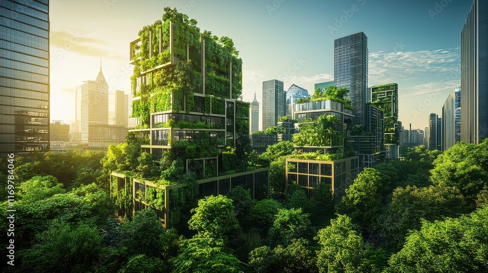 Obraz premium Cityscape of a metropolis city center showcasing a green community with fresh air, highlighting urban sustainability and eco-friendly living.