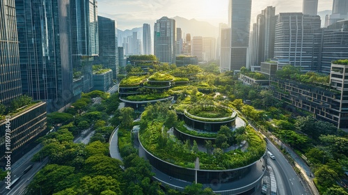 Cityscape of a metropolis city center showcasing a green community with fresh air, highlighting urban sustainability and eco-friendly living. photo