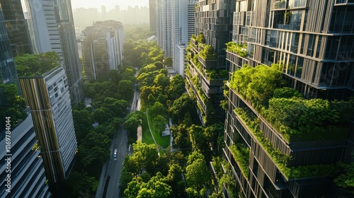 Cityscape of a metropolis city center showcasing a green community with fresh air, highlighting urban sustainability and eco-friendly living. photo