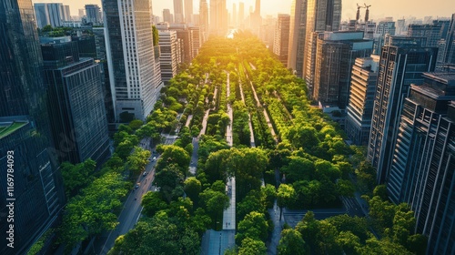 Cityscape of a metropolis city center showcasing a green community with fresh air, highlighting urban sustainability and eco-friendly living. photo