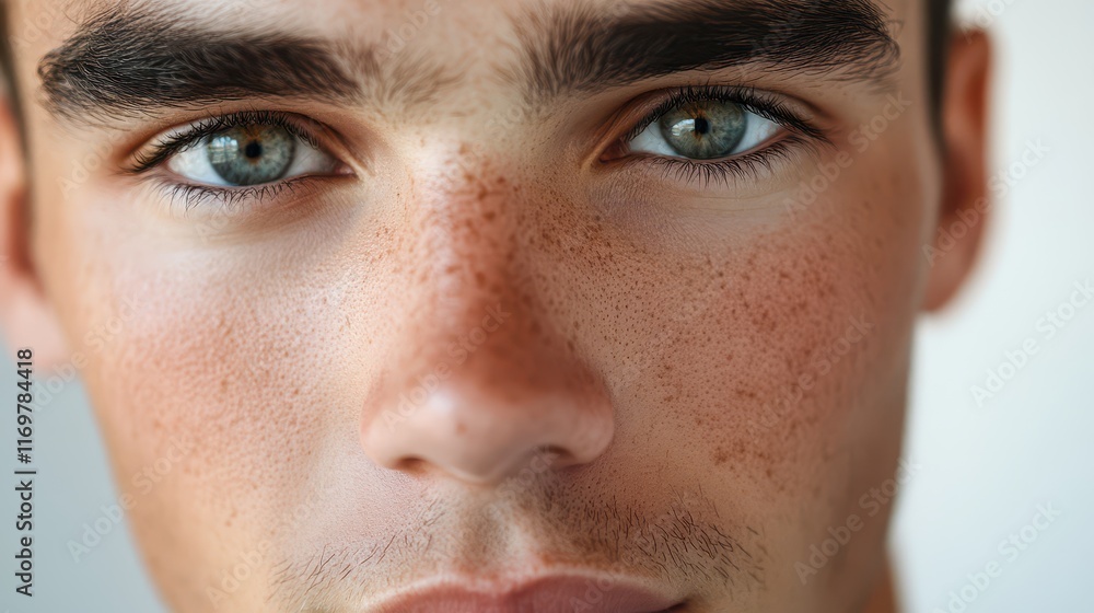 Fototapeta premium Close-up of a handsome young man's face, highlighting a smooth complexion and well-groomed features.