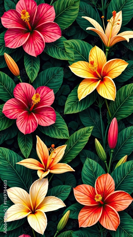 custom made wallpaper toronto digitalColorful hibiscus flowers in a lush tropical garden setting