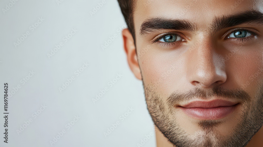 Close-up of a handsome young man's face, highlighting a smooth complexion and well-groomed features. Close-up of a handsome young man's face, highlighting a smooth complexion and well-groomed features.