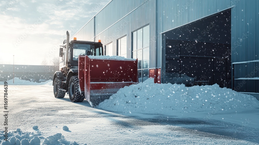Snow plow clearing snow outside building. Snow plow clearing snow outside building.