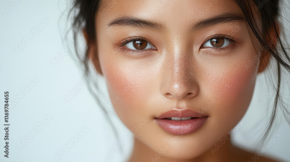 Obraz premium Close-up portrait of an Asian female model with flawless skin, showcasing a smooth and radiant complexion.
