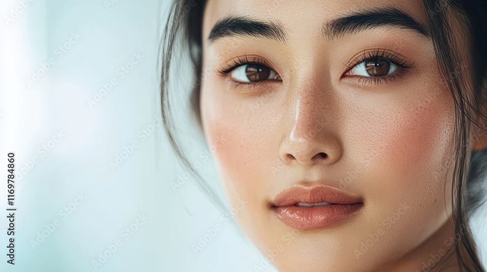 Naklejka premium Close-up portrait of an Asian female model with flawless skin, showcasing a smooth and radiant complexion.