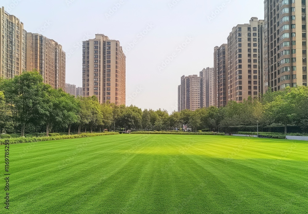 Obraz premium Green lawn in the city, with high-rise buildings behind it, white background, high-definition photography style, high resolution. The grass is lush and green, surrounded by trees that create an atmosp