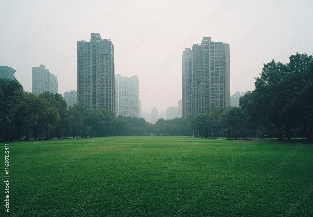 Fototapeta premium Green lawn in the city, with high-rise buildings behind it, white background, high-definition photography style, high resolution. The grass is lush and green, surrounded by trees that create an atmosp