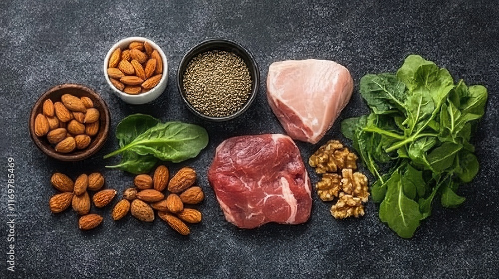 Close-up shots of keto-friendly ingredients including nuts, seeds, lean meats, and green leafy vegetables, arranged in a visually appealing manner. Close-up shots of keto-friendly ingredients including nuts, seeds, lean meats, and green leafy vegetables, arranged in a visually appealing manner.
