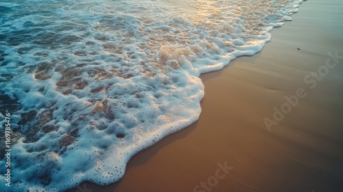 Close-up view of ocean waves gently washing over a sandy coastal beach, capturing the serene and calming movement of the sea. photo