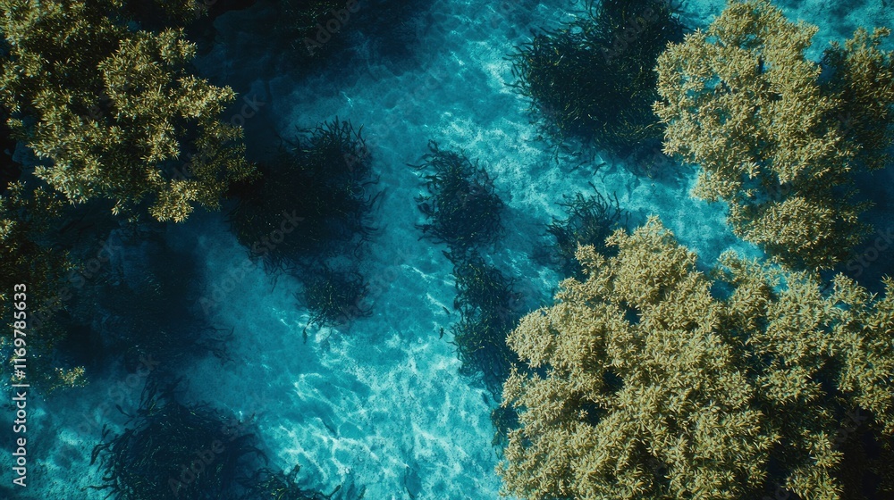 Fototapeta premium High angle view of mangrove forest and river in R forcefully control the water flow from one body to another, using top-down drone photography style. The scene is captured with an aerial perspective