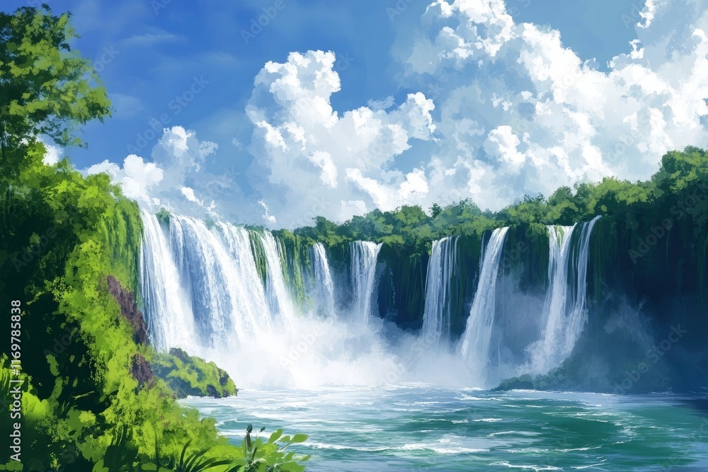 Fototapeta premium IguazÃº Falls in Argentina, view from the side with green vegetation and blue sky with clouds, waterfalls falling into the beautiful waters of the river. 
