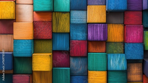 Colorful wooden blocks arranged in a vibrant abstract pattern symbolize data centralization and business unity. photo