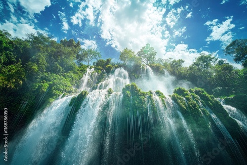 IguazÃº Falls on the Iguazu River, Matte film stock, National Geographic photograph, natural scenery, beautiful waterfalls and lush greenery, water splashing into the river below, white clouds overhea photo