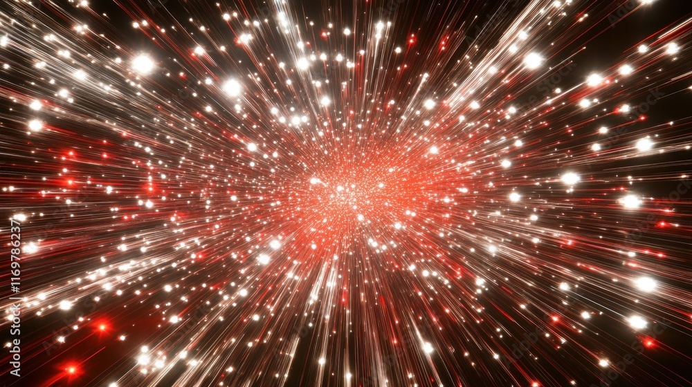 Abstract red and white light burst, radiating energy, glowing particles. Abstract red and white light burst, radiating energy, glowing particles.