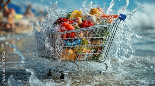 Fresh produce in shopping cart, splashing water. photo