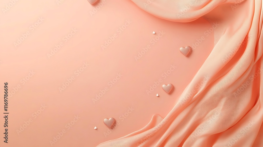 Fototapeta premium Peach Fabric Draped With Rose Gold Hearts