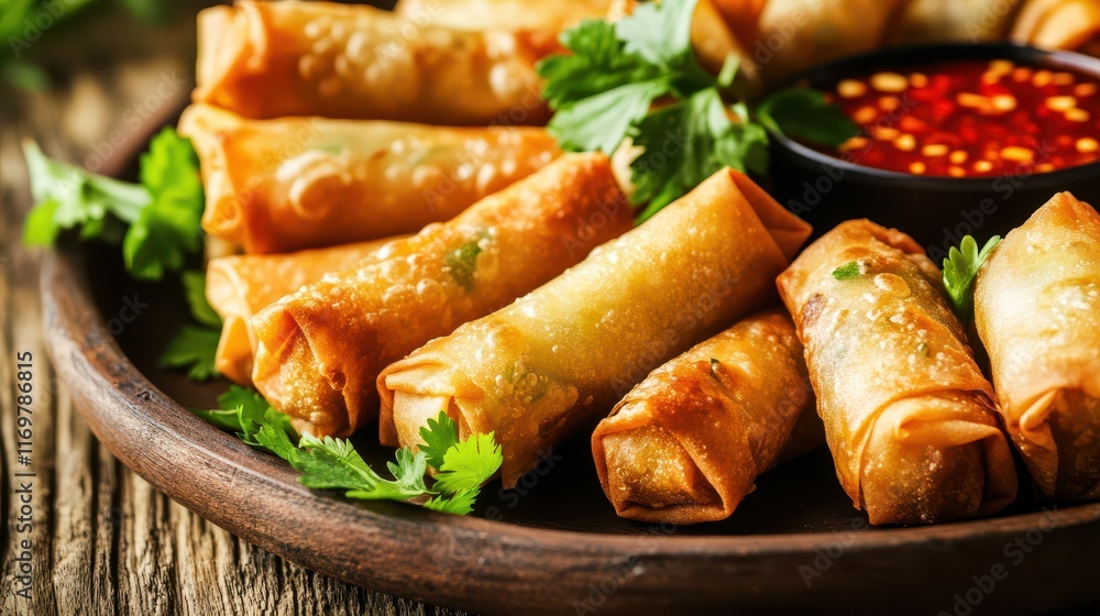Crispy golden spring rolls with fresh parsley and sweet chili sauce on a rustic plate, offering a delightful blend of textures and flavors. Crispy golden spring rolls with fresh parsley and sweet chili sauce on a rustic plate, offering a delightful blend of textures and flavors.