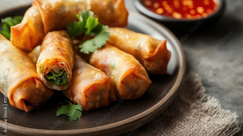 Crispy golden spring rolls with fresh parsley and sweet chili sauce on a rustic plate, offering a delightful blend of textures and flavors.