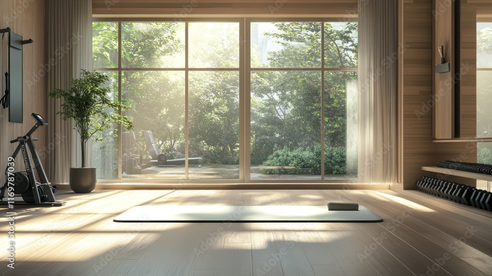 Sunlit home gym with yoga mat. (1) Sunlit home gym with yoga mat. (1)