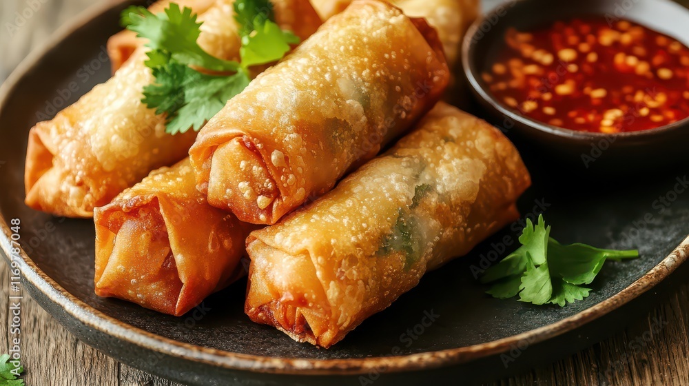 Crispy golden spring rolls with fresh parsley and sweet chili sauce on a rustic plate, offering a delightful blend of textures and flavors. Crispy golden spring rolls with fresh parsley and sweet chili sauce on a rustic plate, offering a delightful blend of textures and flavors.