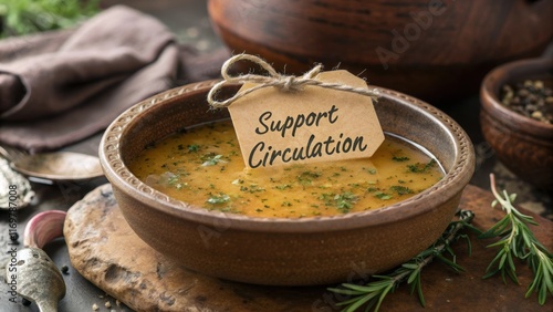 Captured in rich detail a rustic bowl b with lowsodium broth glistening over a backdrop of an earthen table. The broth is speckled with herbs and es revealing the care of photo