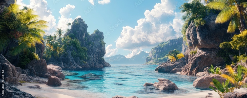Fototapeta premium Panoramic view of a tropical island with blue water and rocks. , high-resolution photography, professional color grading, soft shadows, low contrast, clean sharp focus, digital backdrop.