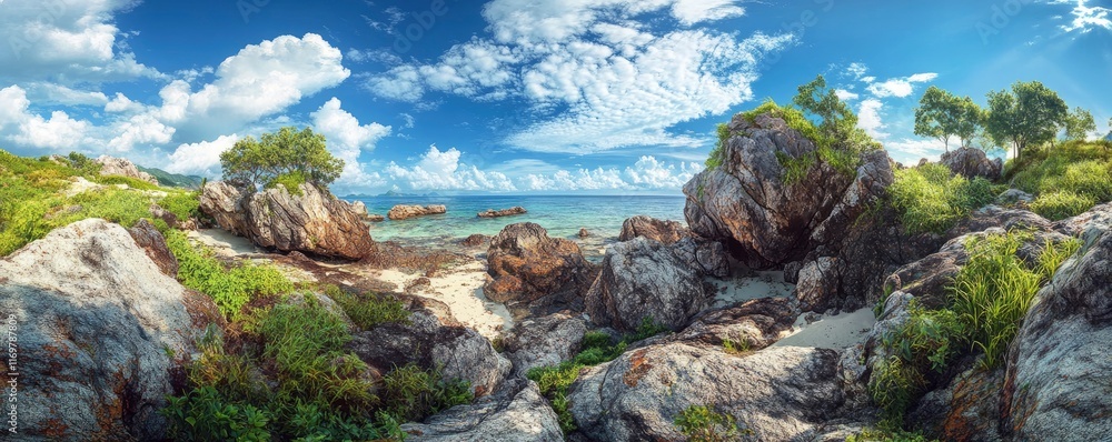 Obraz premium Panoramic view of Phuket, Thailand, with rocks and tropical greenery, blue sky with white clouds, and turquoise water. a hyperrealistic photo. 