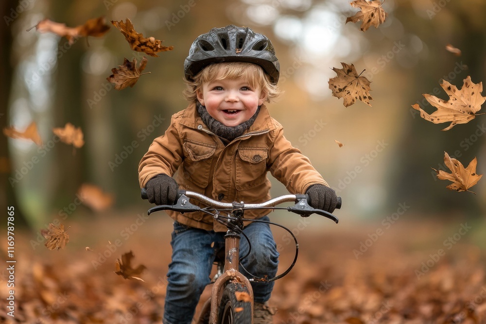 Εκτύπωση καμβά Happy child riding a bike in autumn. AI.