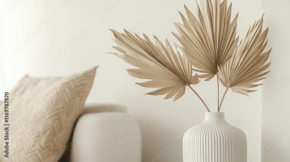 Elegant dried palm leaves arranged in a minimalist white vase, adding a touch of modern botanical decor to a contemporary interior design. Elegant dried palm leaves arranged in a minimalist white vase, adding a touch of modern botanical decor to a contemporary interior design.